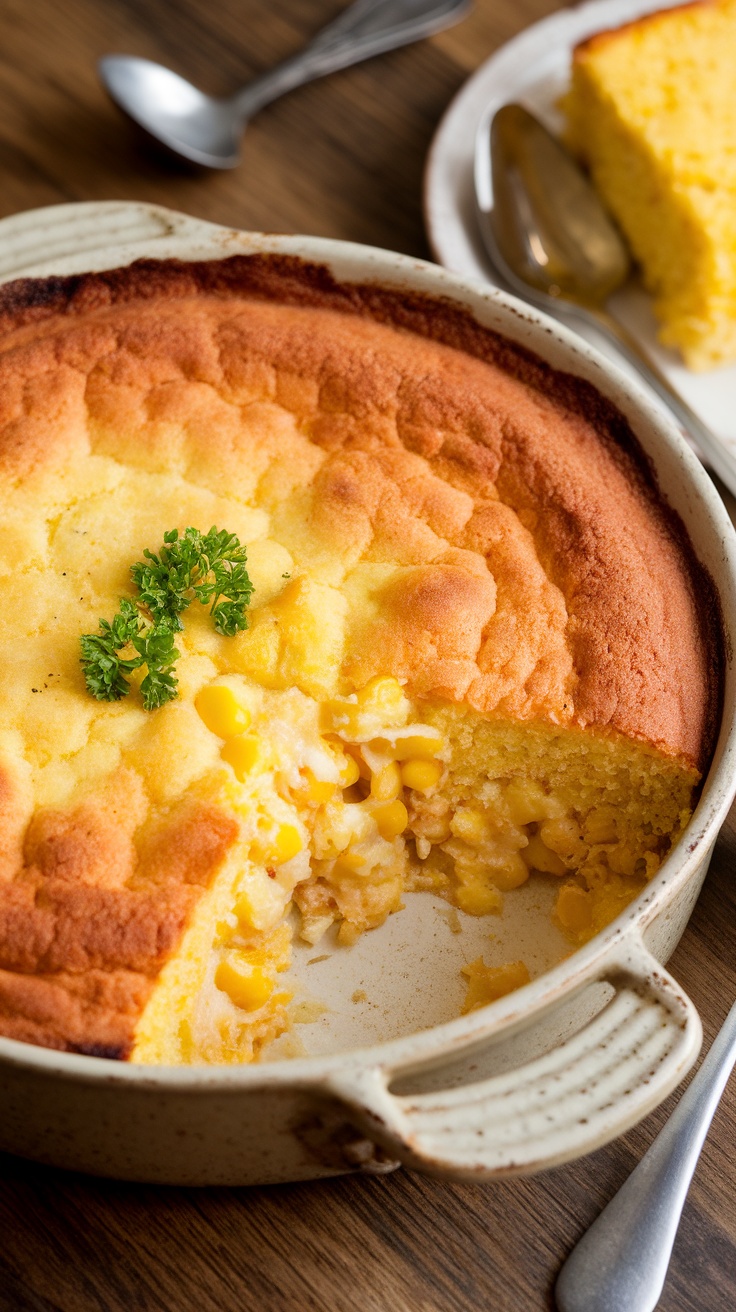 A warm and inviting cornbread casserole with a golden-brown top, served in a rustic dish on a wooden table.